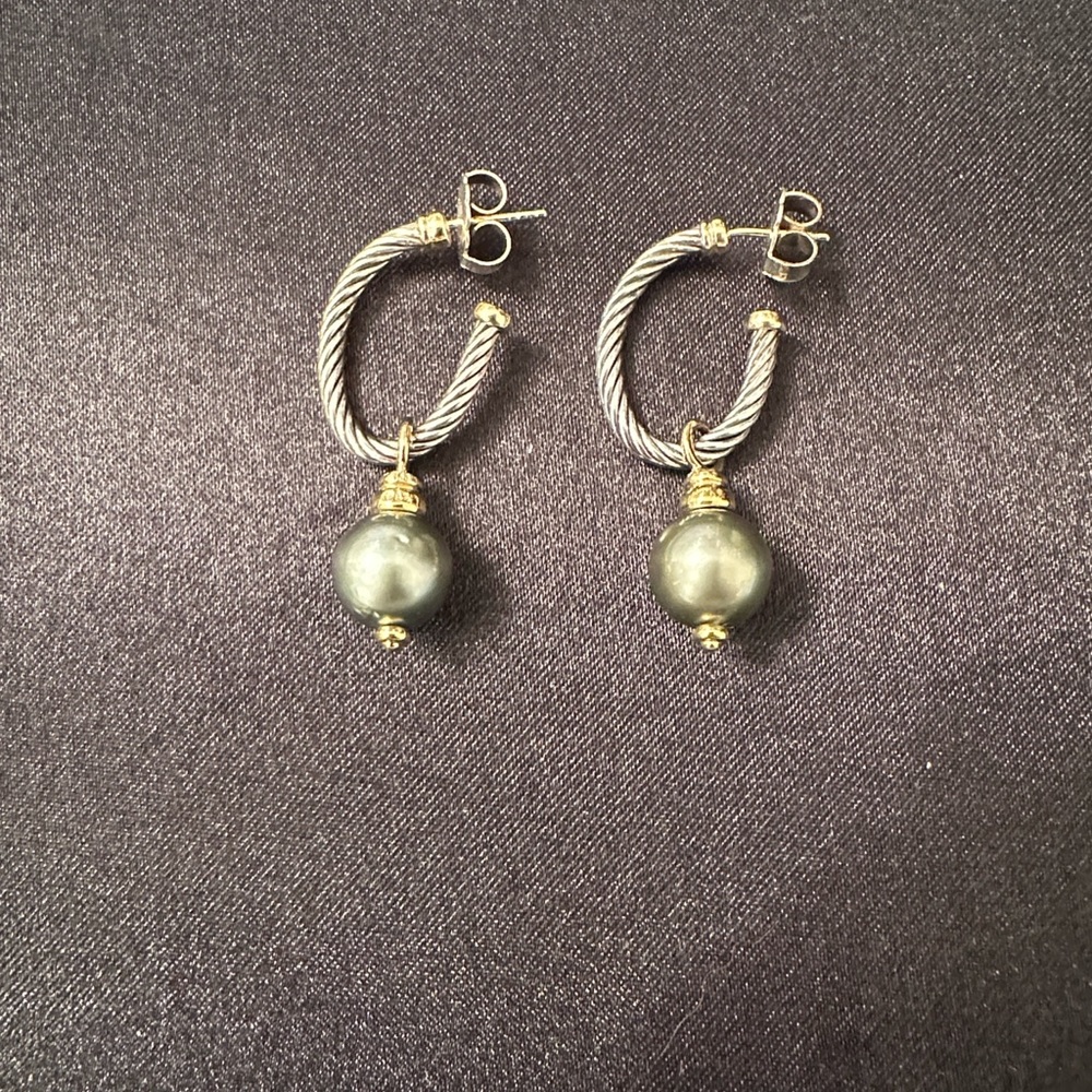David Yurman Silver and Gold Pearl Drop Earrings